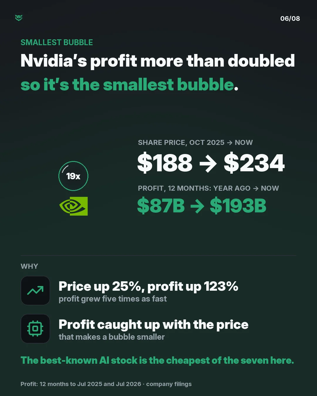 Smallest bubble: Nvidia, at 19 times expected profit. Its share price rose from 188 dollars to 234, up 25 percent. Profit over 12 months rose from 87 billion dollars to 193 billion, up 123 percent. Profit caught up with the price.