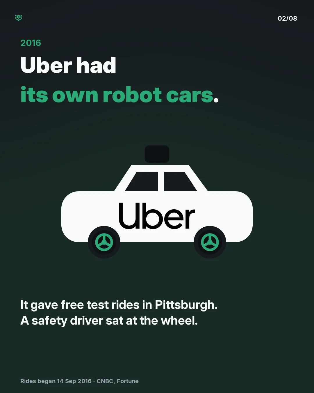 2016. Uber had its own robot cars. A white sedan with a roof sensor and an Uber logo on the door. Free test rides in Pittsburgh, with a safety driver at the wheel.
